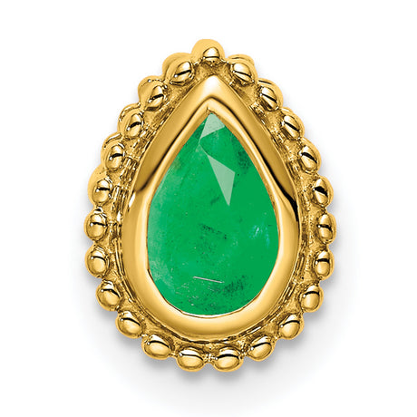 14k Yellow Gold Teardrop Pendant with Emerald Center, Beaded Border, Vintage Style