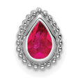 14k White Gold Teardrop Pendant with Ruby, Beaded Border, Elegant Drop Jewelry for Women