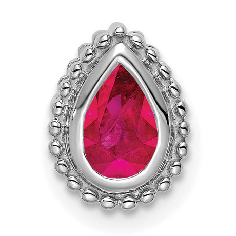 14k White Gold Teardrop Pendant with Ruby, Beaded Border, Elegant Drop Jewelry for Women