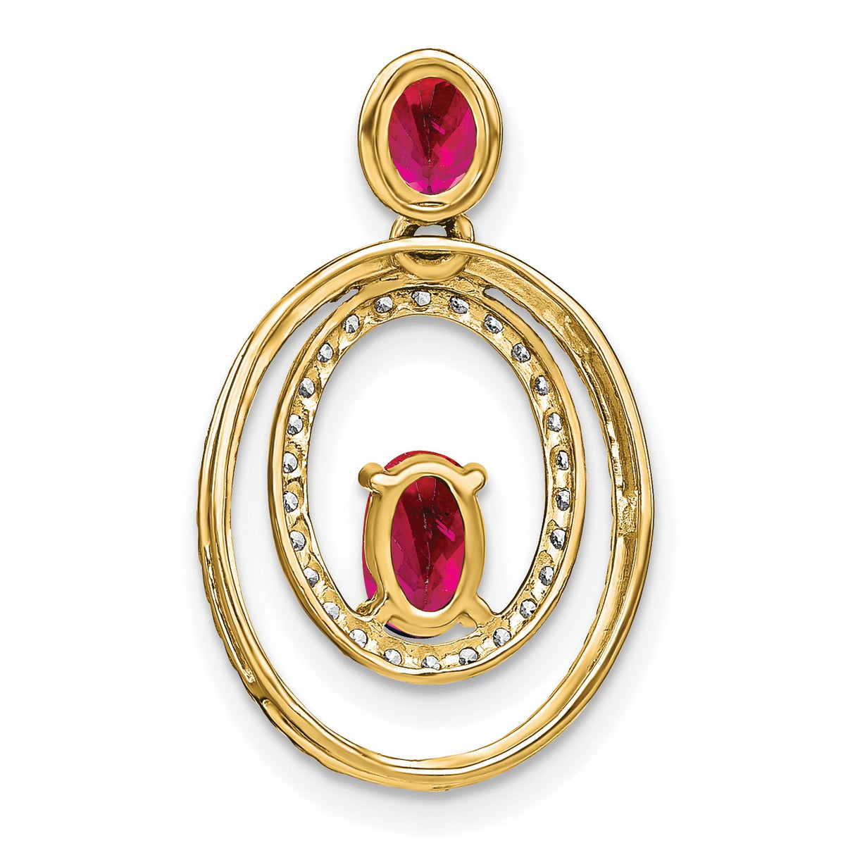 14k Yellow Gold Pendant with Oval Cut Ruby Gemstones, Double Oval Design, Rope Detail