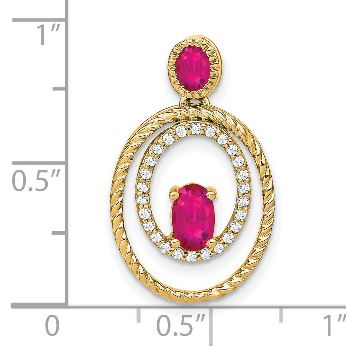 14k Yellow Gold Pendant with Oval Cut Ruby Gemstones, Double Oval Design, Rope Detail