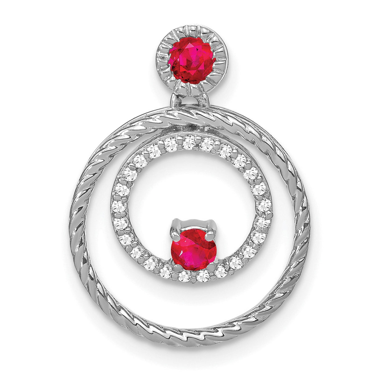 14k White Gold Double Circle Pendant with Ruby, Textured Design, Symbolic Unity Style