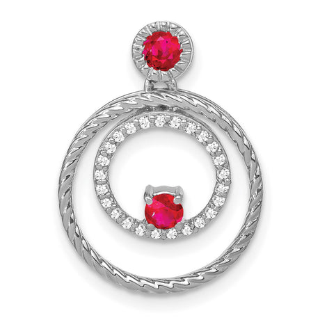 14k White Gold Double Circle Pendant with Ruby, Textured Design, Symbolic Unity Style