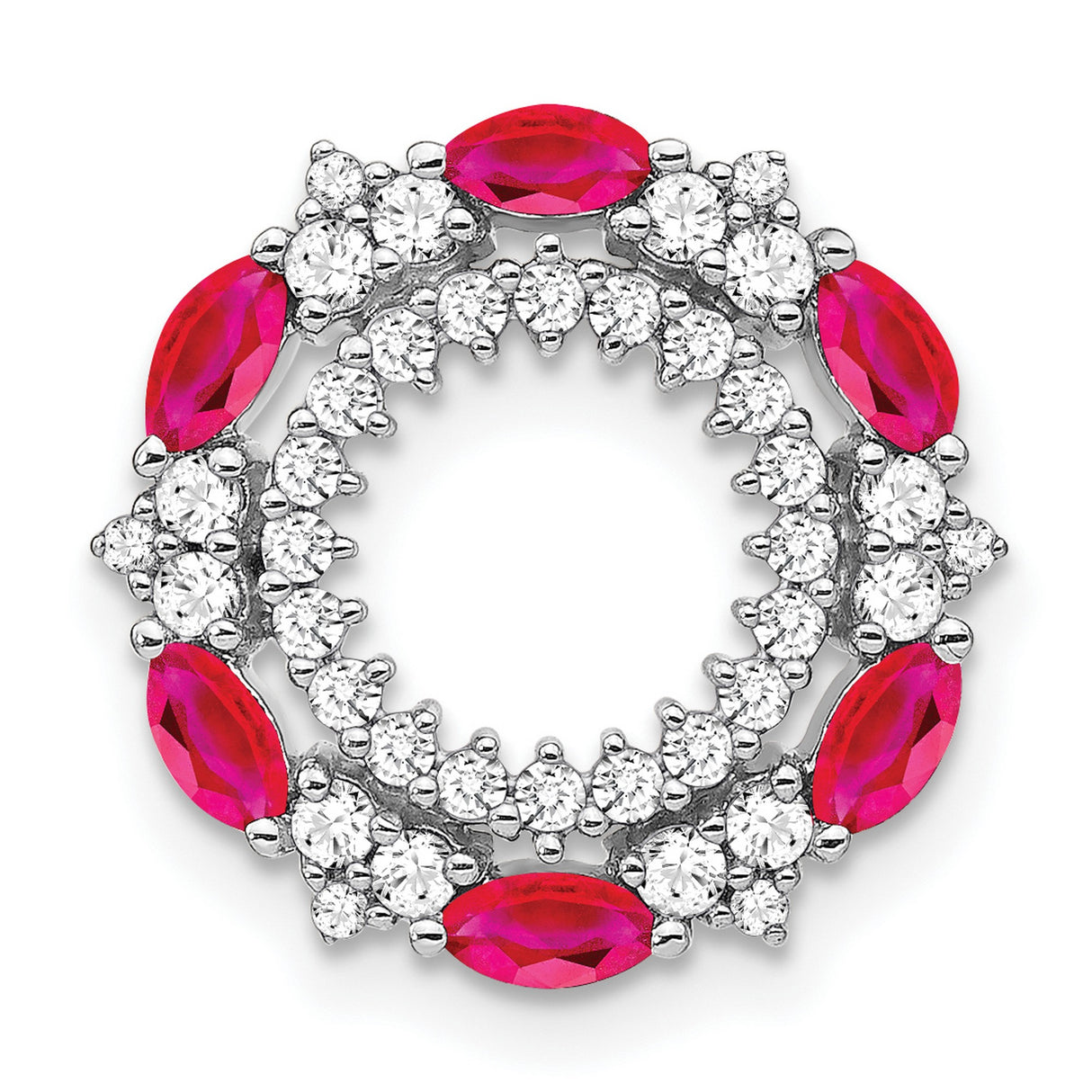 14k White Gold Pendant with Marquise Rubies and Round Diamonds in Floral Halo Design