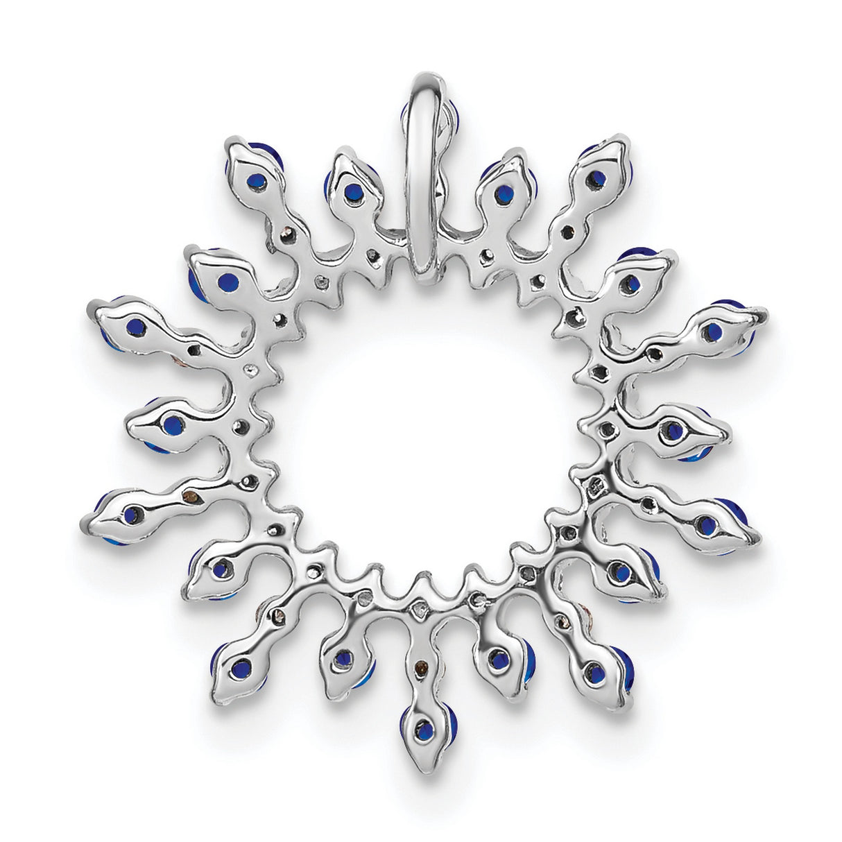 14k White Gold Sunburst Pendant with Sapphire and Diamond, Celestial Circle Design for Women