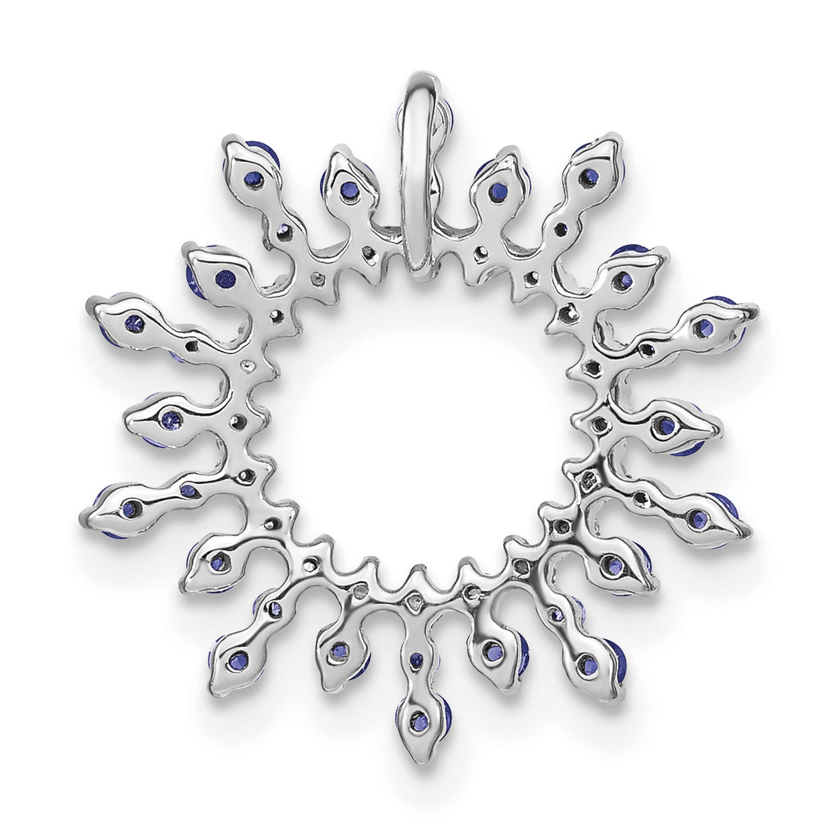 14k White Gold Circular Pendant with Tanzanite and Diamond Sunburst Halo Design