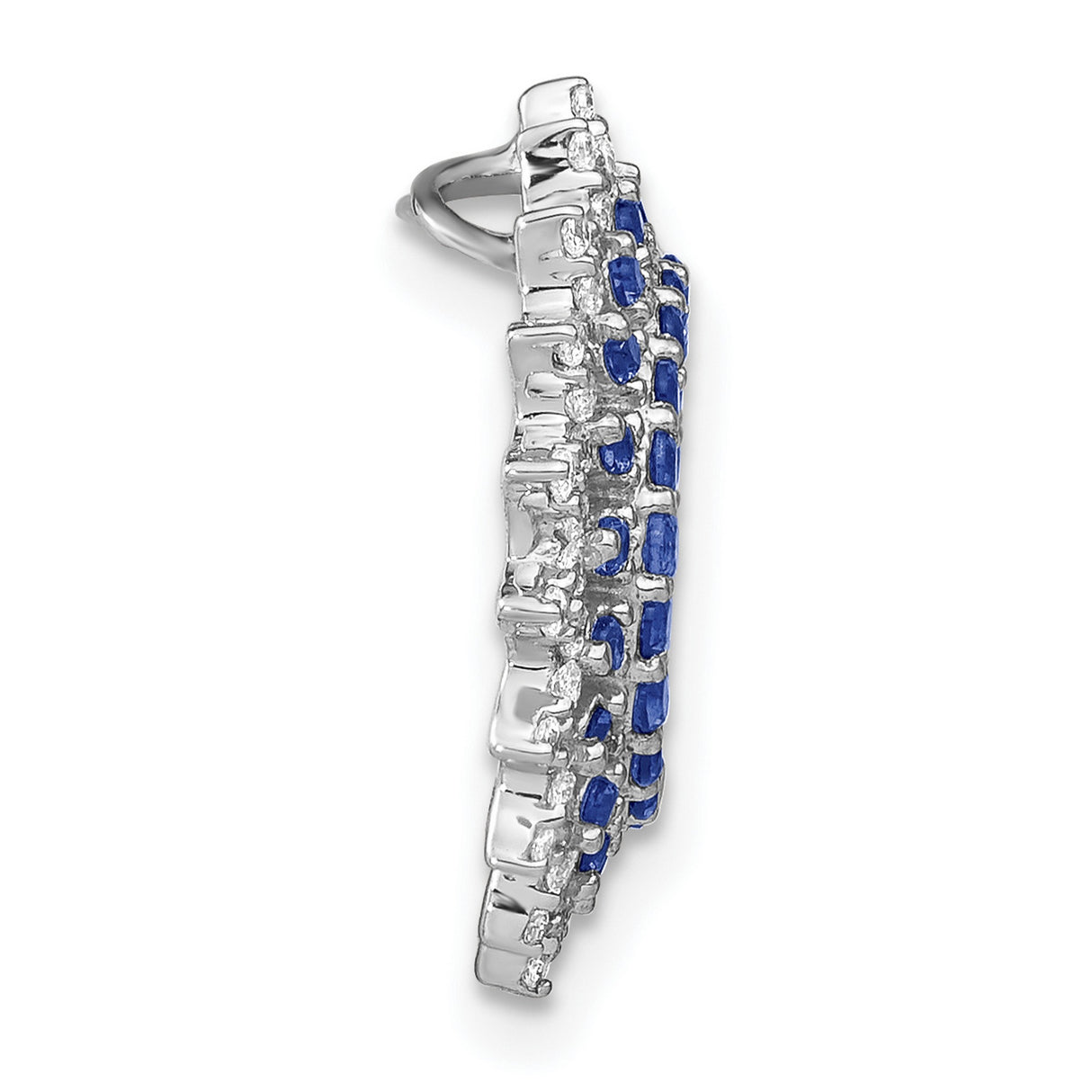 14k White Gold Pendant with Round Blue Sapphires and White Diamonds in Sunburst Halo Design