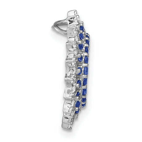 14k White Gold Pendant with Round Blue Sapphires and White Diamonds in Sunburst Halo Design