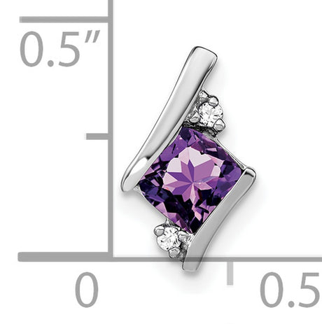 14k White Gold Pendant with Princess Cut Amethyst and Diamond Accents in Modern Curved Setting