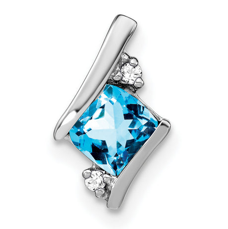 10k White Gold Pendant with Princess Cut Swiss Blue Topaz and Diamond Accents, March Birthstone Charm