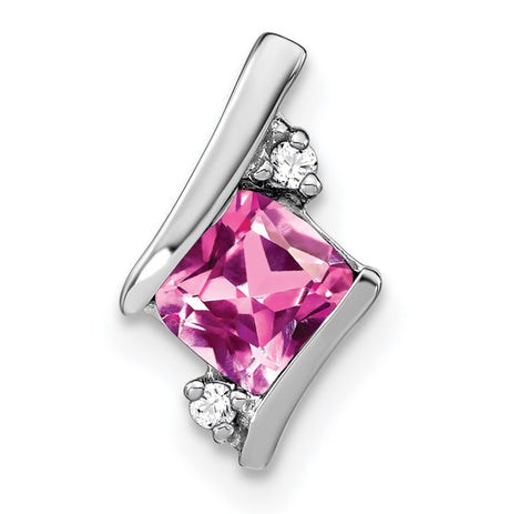 14k White Gold Pendant with Pink Lab Created Sapphire and Diamond Accent, Modern Design