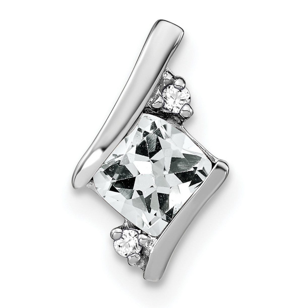 10k White Gold Pendant with Square Cut Lab Created Sapphire and Diamond Accents, Modern Design