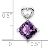 14k White Gold Pendant with Cushion-Cut Amethyst, Diamond Accent, Heart Bail