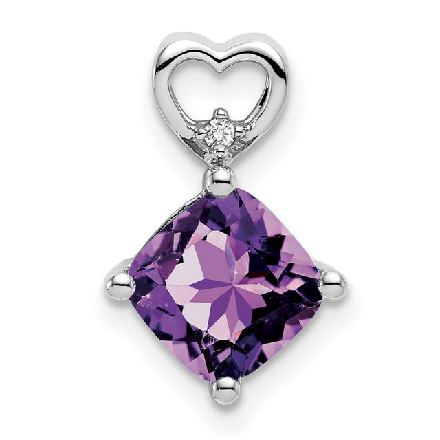 14k White Gold Pendant with Cushion-Cut Amethyst, Diamond Accent, Heart Bail