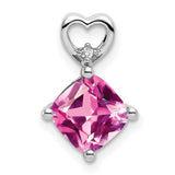14k White Gold Pendant with Pink Cushion Cut Lab Created Sapphire, Heart Design, Diamond Accent