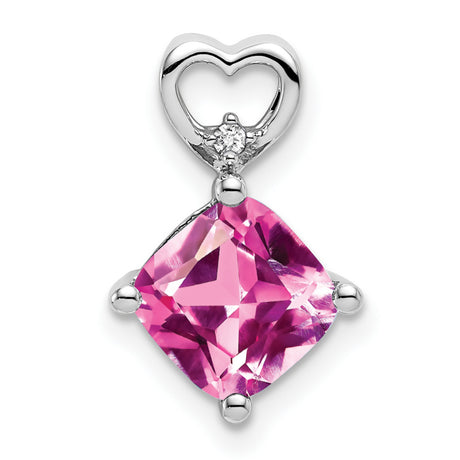 14k White Gold Pendant with Pink Cushion Cut Lab Created Sapphire, Heart Design, Diamond Accent