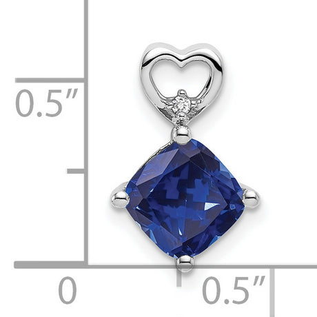 14k White Gold Pendant with Cushion Cut Lab Created Sapphire, Diamond Accent, Heart Design