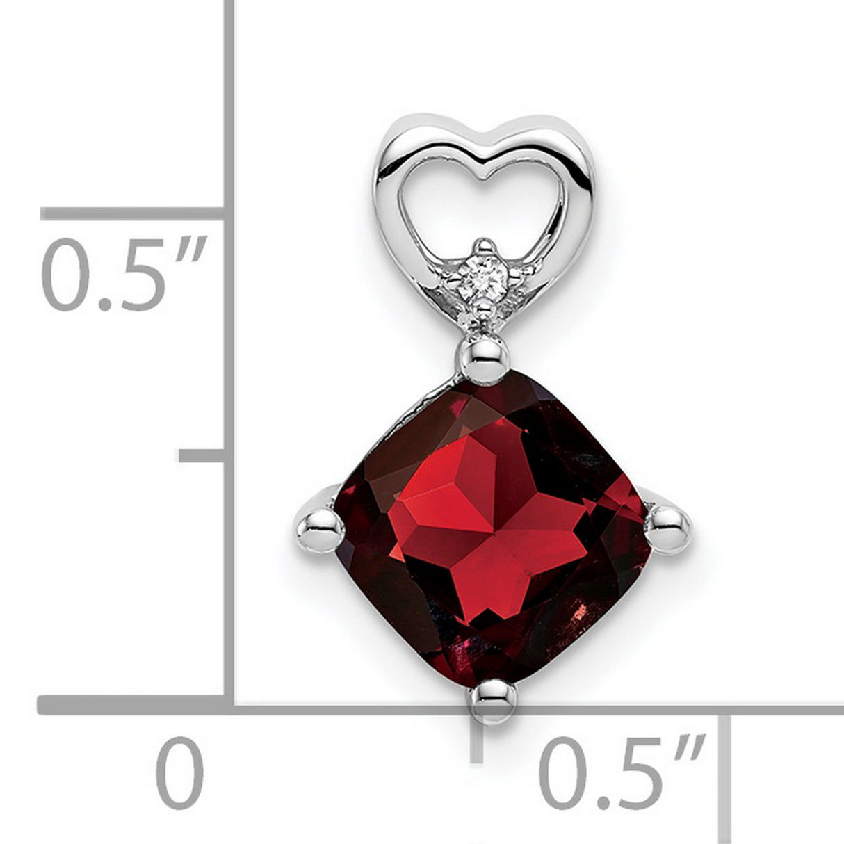 14k White Gold Heart Pendant with Cushion Cut Garnet Drop and Diamond Accent