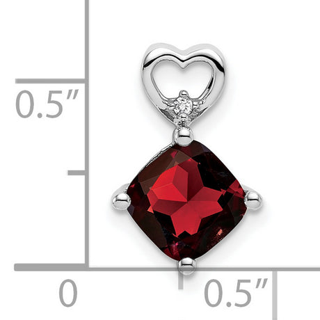 14k White Gold Heart Pendant with Cushion Cut Garnet Drop and Diamond Accent