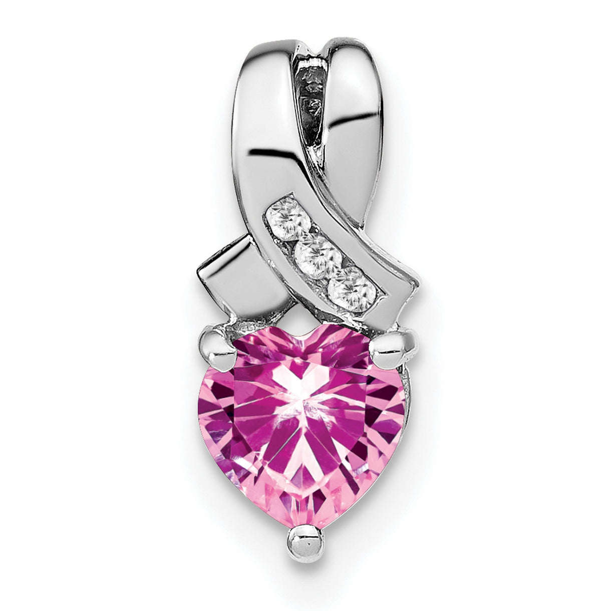 Sterling Silver Ribbon Pendant with Pink Heart Cubic Zirconia and Diamond Accents, Heart Design