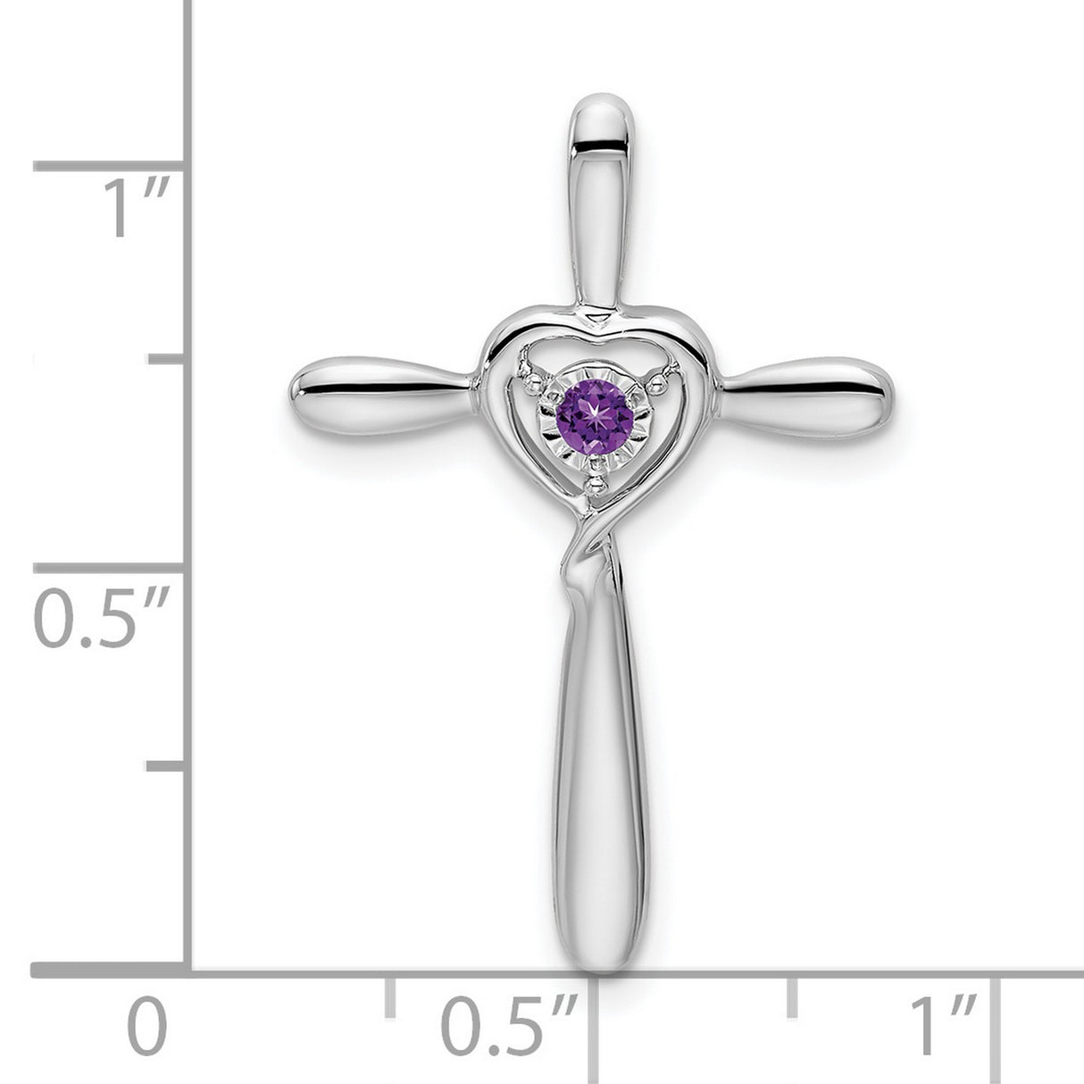 10k White Gold Cross Pendant with Heart Center Amethyst, Curved Design, Unisex Spiritual Jewelry