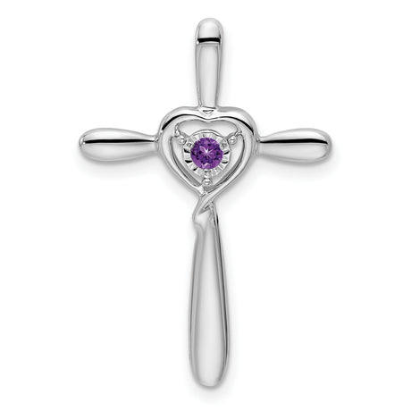10k White Gold Cross Pendant with Heart Center Amethyst, Curved Design, Unisex Spiritual Jewelry