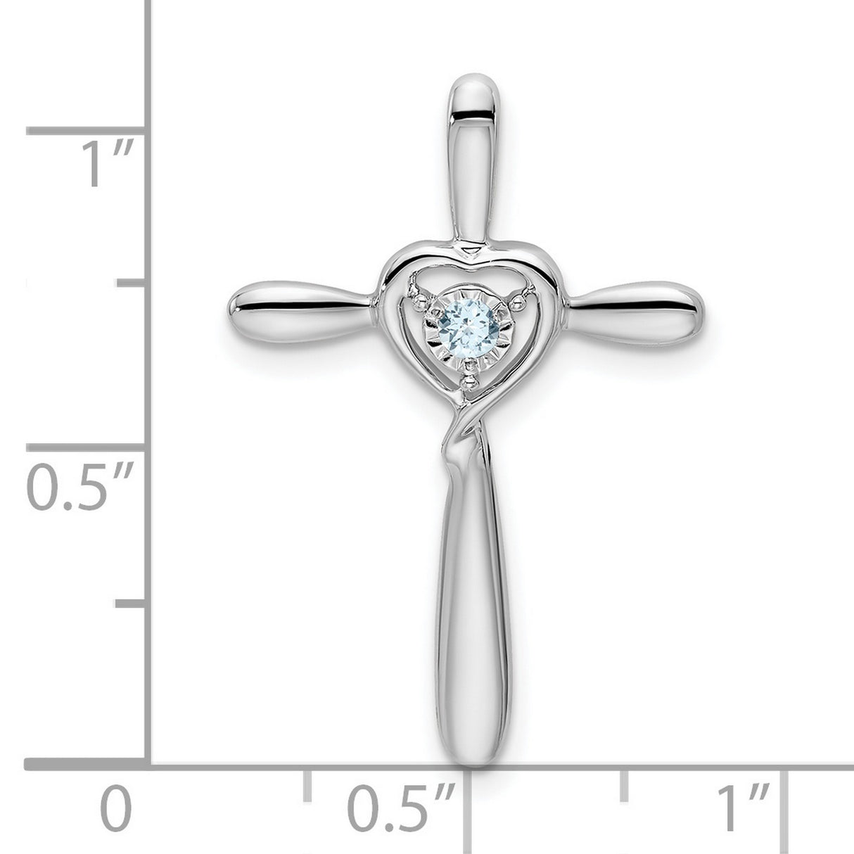 10k White Gold Cross Pendant with Aquamarine and Heart Accent Slide Design