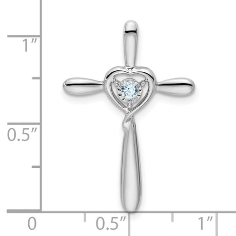 10k White Gold Cross Pendant with Aquamarine and Heart Accent Slide Design