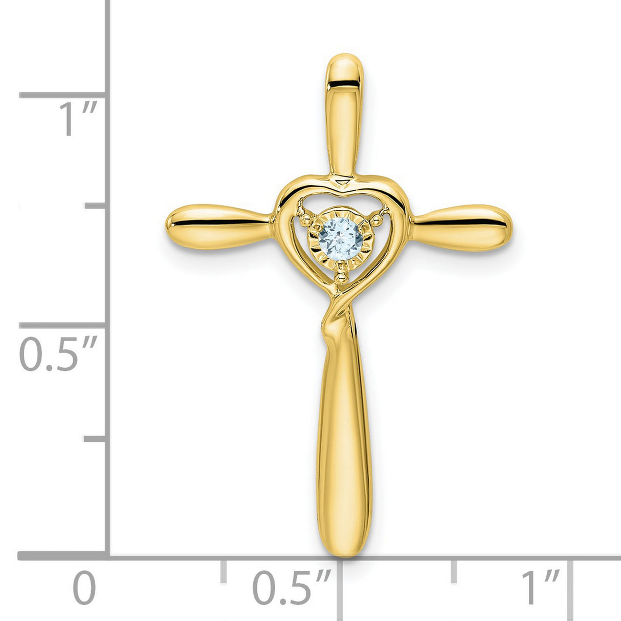 Aquamarine Cross with Heart Chain Slide Charm Pendant in Real 10k Yellow Gold