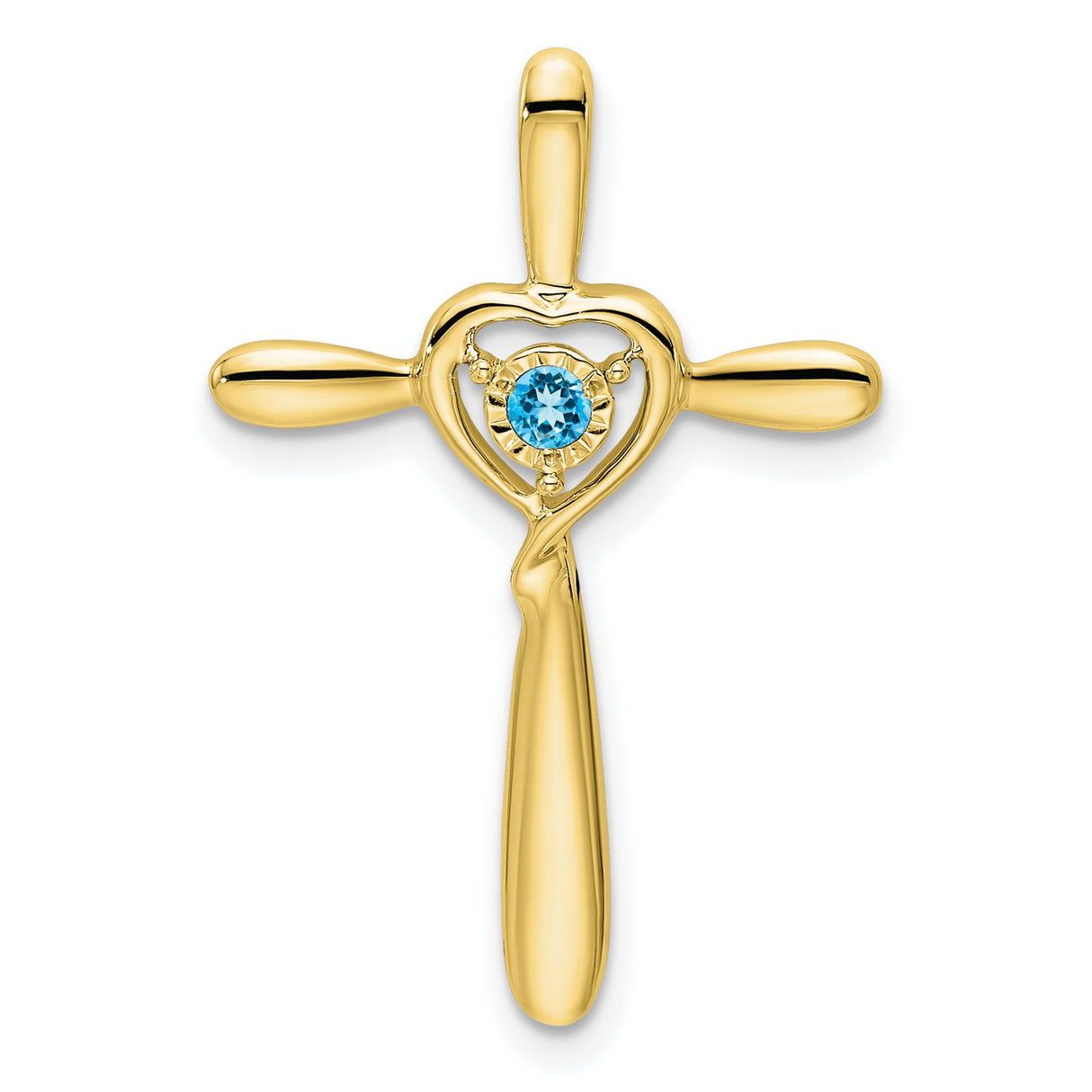Blue Topaz Cross with Heart Chain Slide Charm Pendant in Real 10k Yellow Gold
