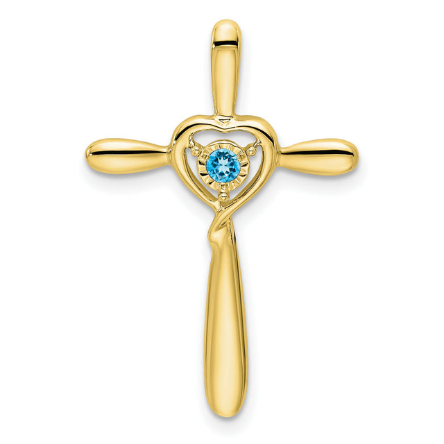Blue Topaz Cross with Heart Chain Slide Charm Pendant in Real 10k Yellow Gold