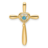 14k Yellow Gold Cross Pendant with Sky Blue Topaz Heart, Spiritual Charm for Men and Women