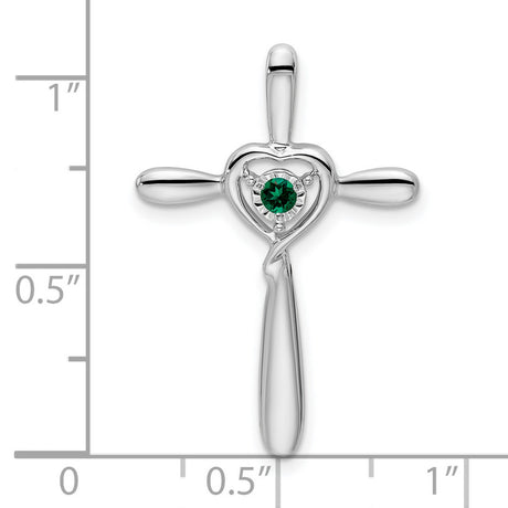 10k White Gold Cross Pendant with Lab Created Emerald, Heart Slide Design, Faith Jewelry