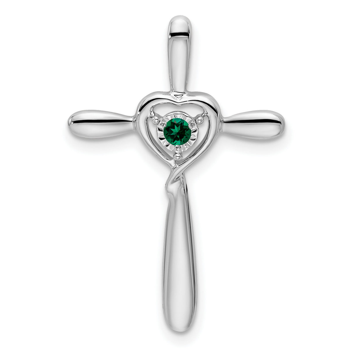 10k White Gold Cross Pendant with Lab Created Emerald, Heart Slide Design, Faith Jewelry