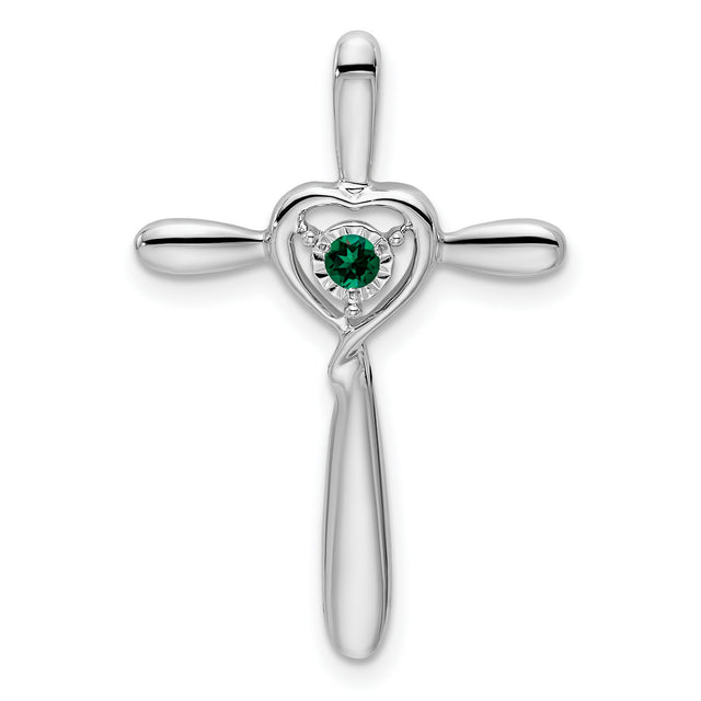 10k White Gold Cross Pendant with Lab Created Emerald, Heart Slide Design, Faith Jewelry