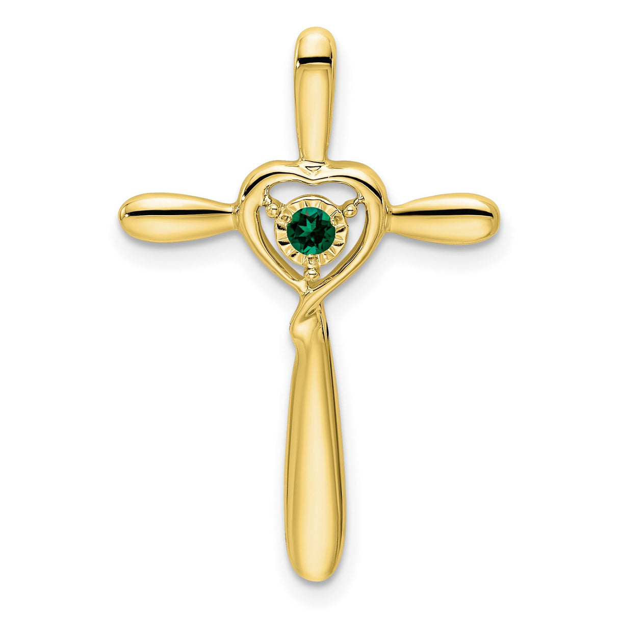 Created Emerald Cross with Heart Chain Slide Charm Pendant in Real 10k Yellow Gold