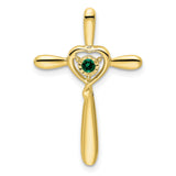 Created Emerald Cross with Heart Chain Slide Charm Pendant in Real 10k Yellow Gold