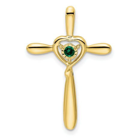 Created Emerald Cross with Heart Chain Slide Charm Pendant in Real 10k Yellow Gold