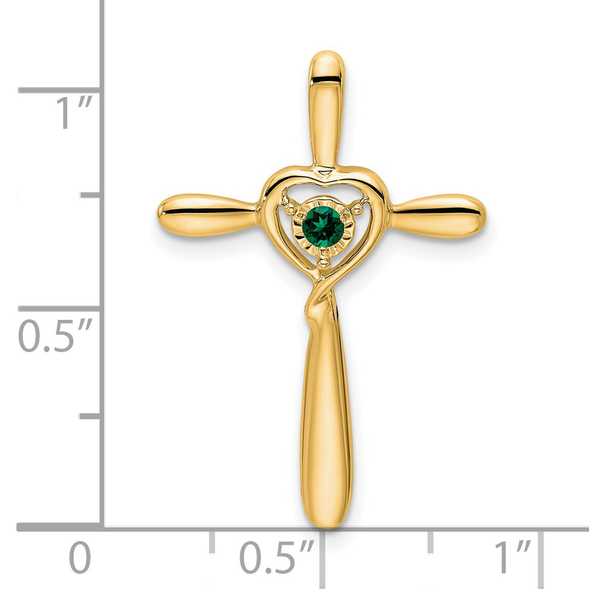 14k Yellow Gold Cross Pendant with Lab Created Emerald and Heart Detail
