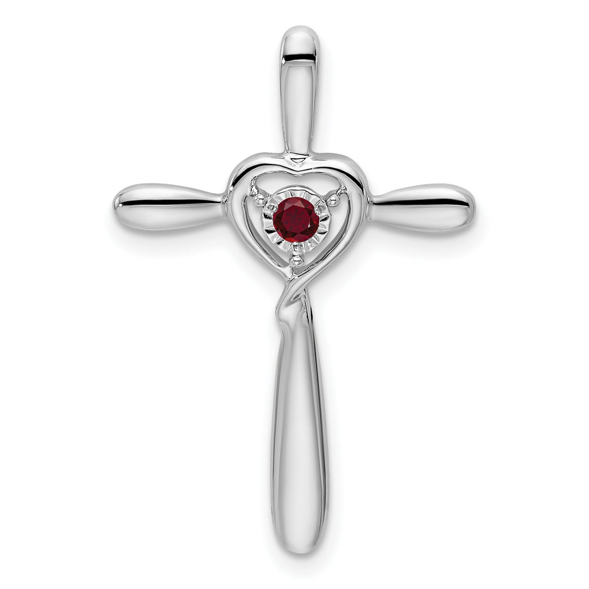 Created Ruby Cross with Heart Chain Slide Charm Pendant in Real 10k White Gold