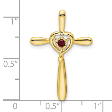 Created Ruby Cross with Heart Chain Slide Charm Pendant in Real 10k Yellow Gold