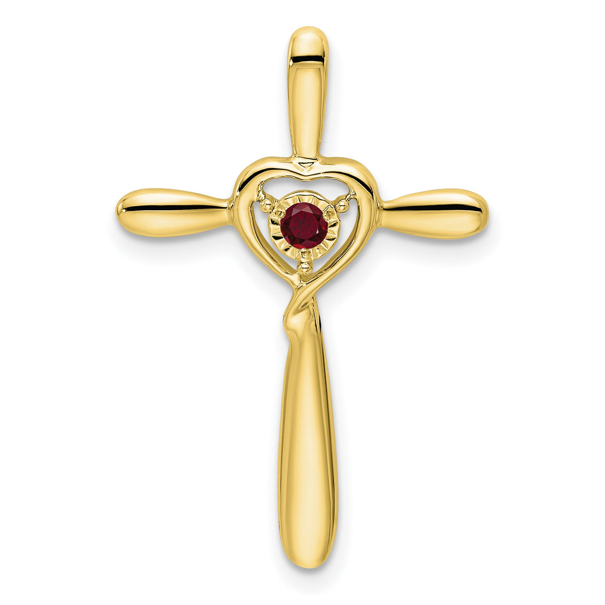 Created Ruby Cross with Heart Chain Slide Charm Pendant in Real 10k Yellow Gold