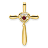 Created Ruby Cross with Heart Chain Slide Charm Pendant in Real 10k Yellow Gold