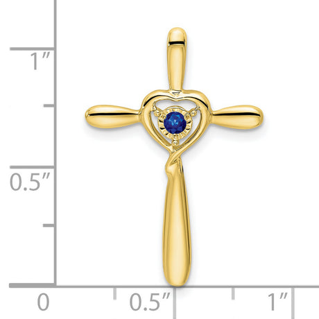 Created Sapphire Cross with Heart Chain Slide Charm Pendant in Real 10k Yellow Gold