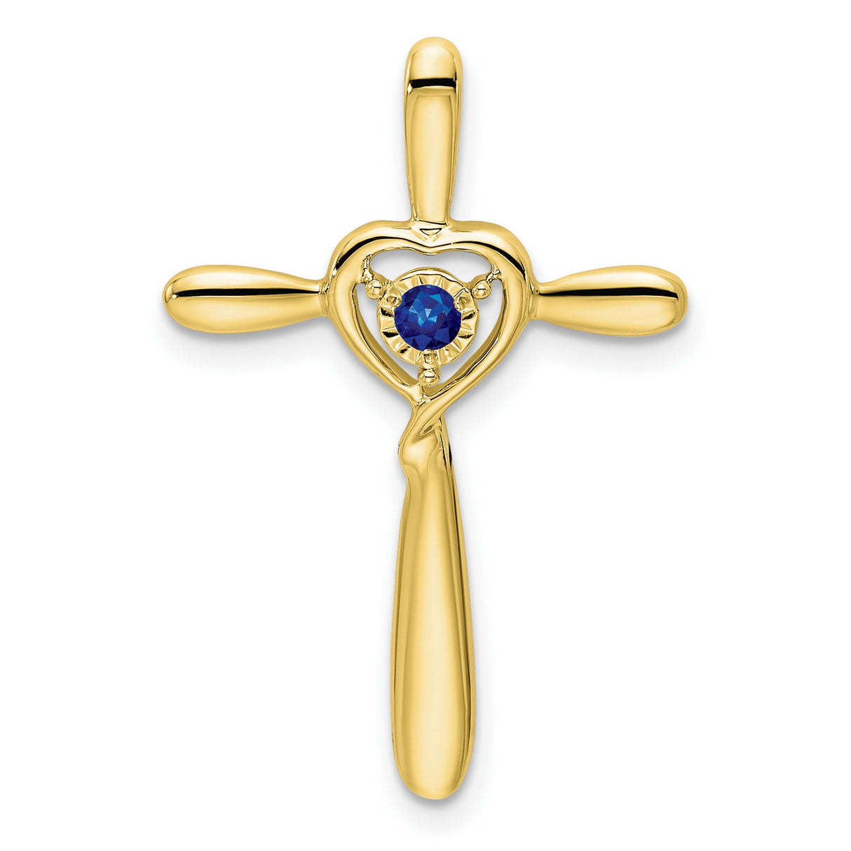 Created Sapphire Cross with Heart Chain Slide Charm Pendant in Real 10k Yellow Gold