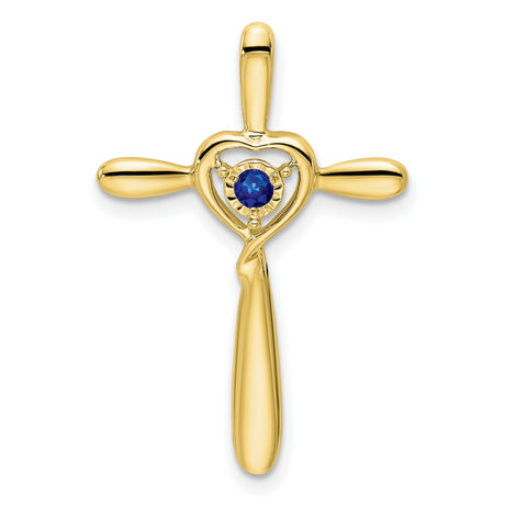 Created Sapphire Cross with Heart Chain Slide Charm Pendant in Real 10k Yellow Gold