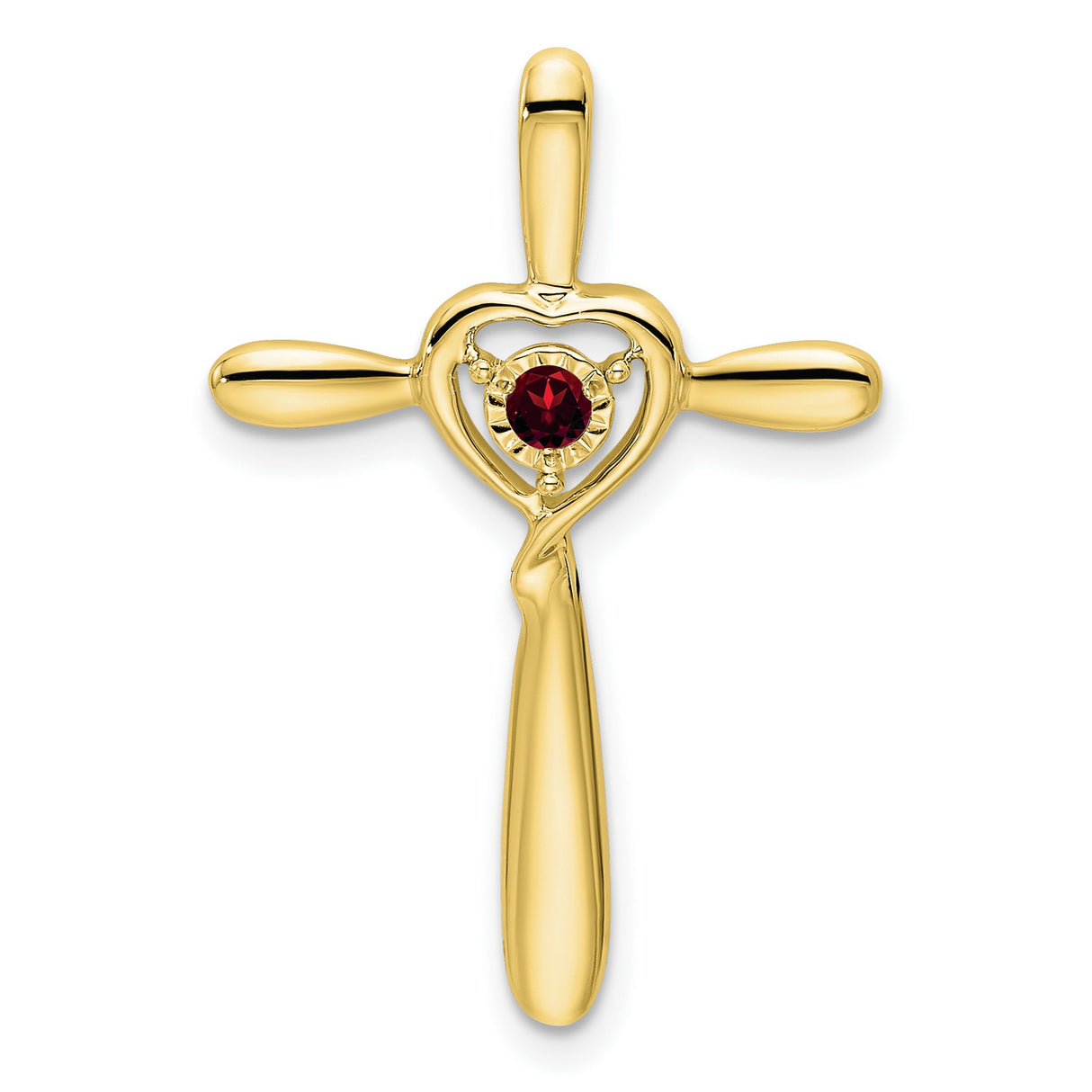 Garnet Cross with Heart Chain Slide Charm Pendant in Real 10k Yellow Gold