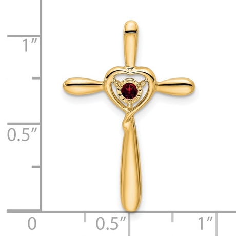 14k Yellow Gold Garnet Heart Cross Pendant with Polished Finish and Curved Arms