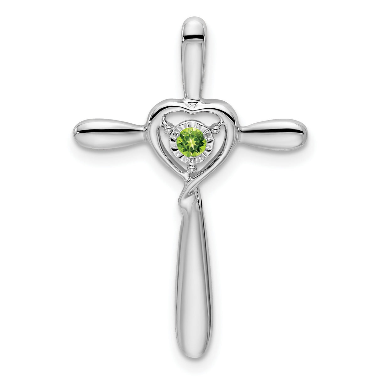 Peridot Cross with Heart Chain Slide Charm Pendant in Real 10k White Gold