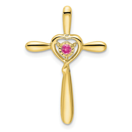 Pink Tourmaline Cross with Heart Chain Slide Charm Pendant in Real 10k Yellow Gold